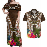 Vanuatu Selebretem 44th Indipendens Dei Couples Matching Off Shoulder Maxi Dress and Hawaiian Shirt Yumi Pig Tusk and Namele Fern LT03 Brown - Polynesian Pride