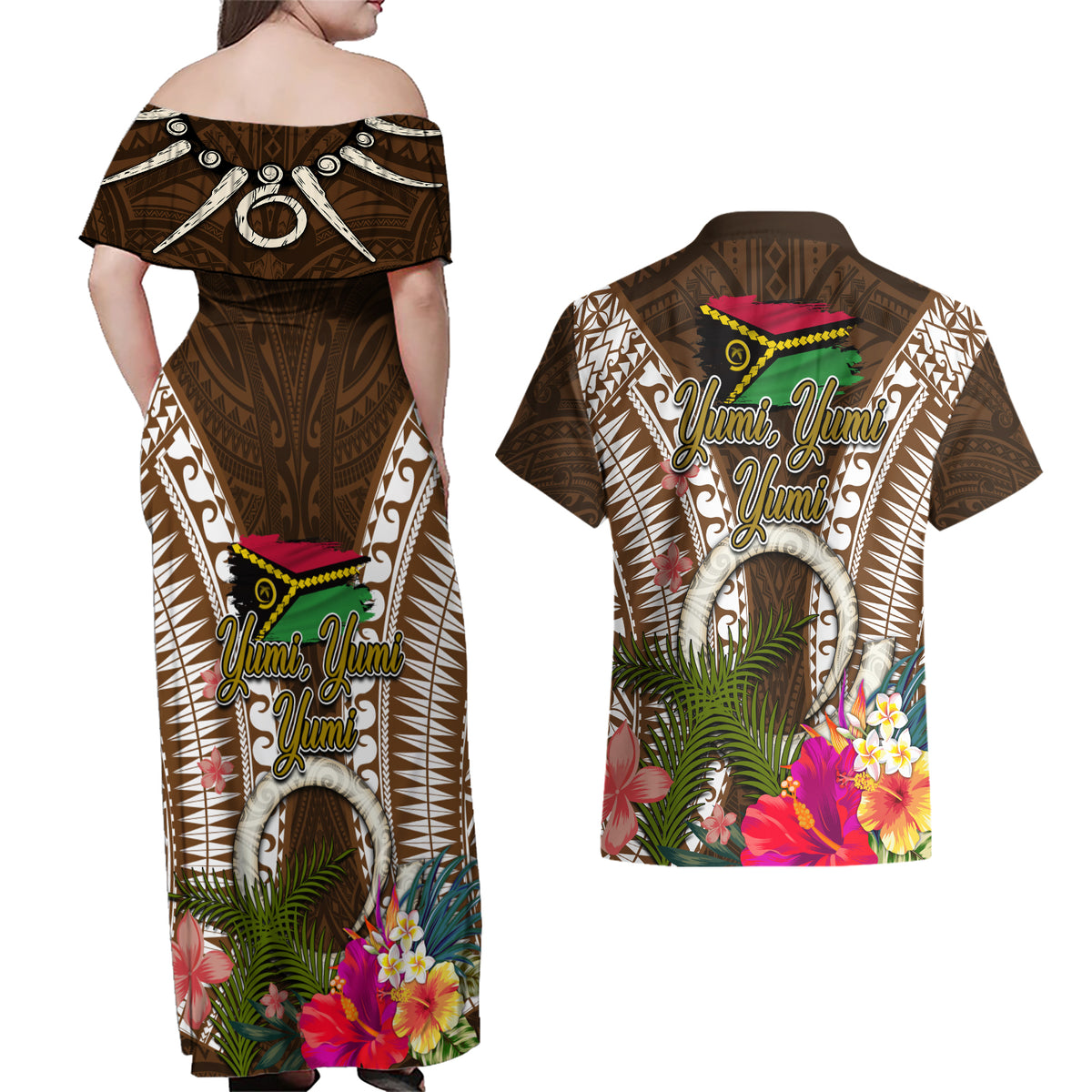 Vanuatu Selebretem 44th Indipendens Dei Couples Matching Off Shoulder Maxi Dress and Hawaiian Shirt Yumi Pig Tusk and Namele Fern LT03 - Polynesian Pride