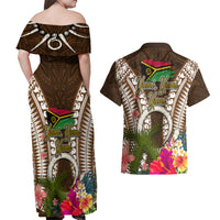 Vanuatu Selebretem 44th Indipendens Dei Couples Matching Off Shoulder Maxi Dress and Hawaiian Shirt Yumi Pig Tusk and Namele Fern LT03 - Polynesian Pride