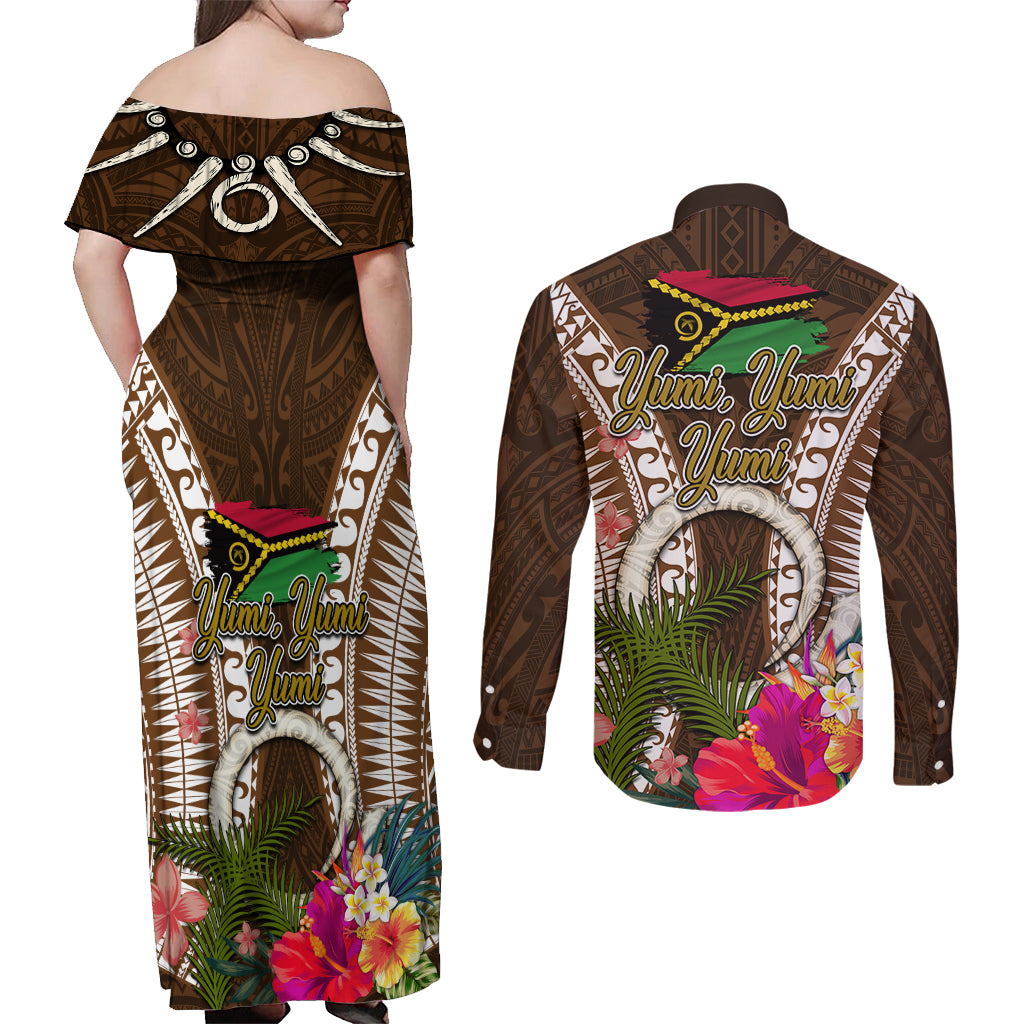Vanuatu Selebretem 44th Indipendens Dei Couples Matching Off Shoulder Maxi Dress and Long Sleeve Button Shirt Yumi Pig Tusk and Namele Fern LT03 - Polynesian Pride