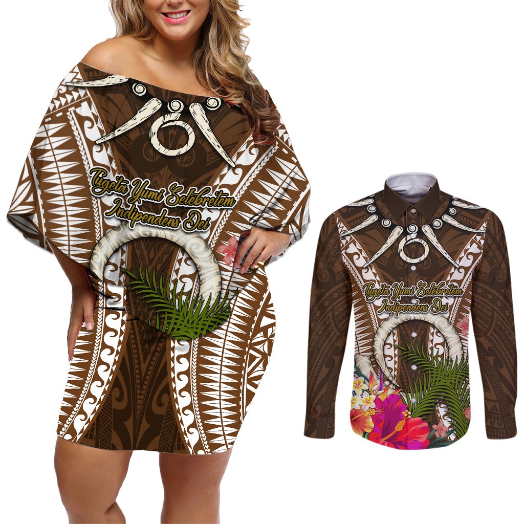 Vanuatu Selebretem 44th Indipendens Dei Couples Matching Off Shoulder Short Dress and Long Sleeve Button Shirt Yumi Pig Tusk and Namele Fern LT03 Brown - Polynesian Pride