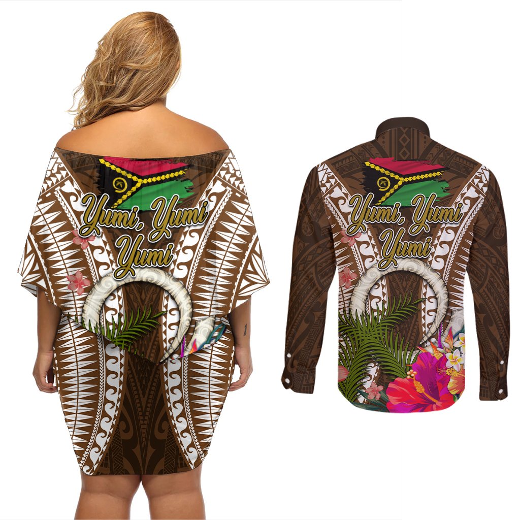 Vanuatu Selebretem 44th Indipendens Dei Couples Matching Off Shoulder Short Dress and Long Sleeve Button Shirt Yumi Pig Tusk and Namele Fern LT03 - Polynesian Pride