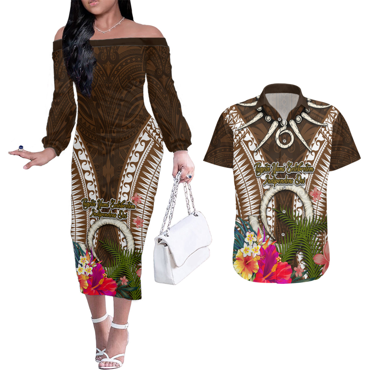 Vanuatu Selebretem 44th Indipendens Dei Couples Matching Off The Shoulder Long Sleeve Dress and Hawaiian Shirt Yumi Pig Tusk and Namele Fern LT03 Brown - Polynesian Pride