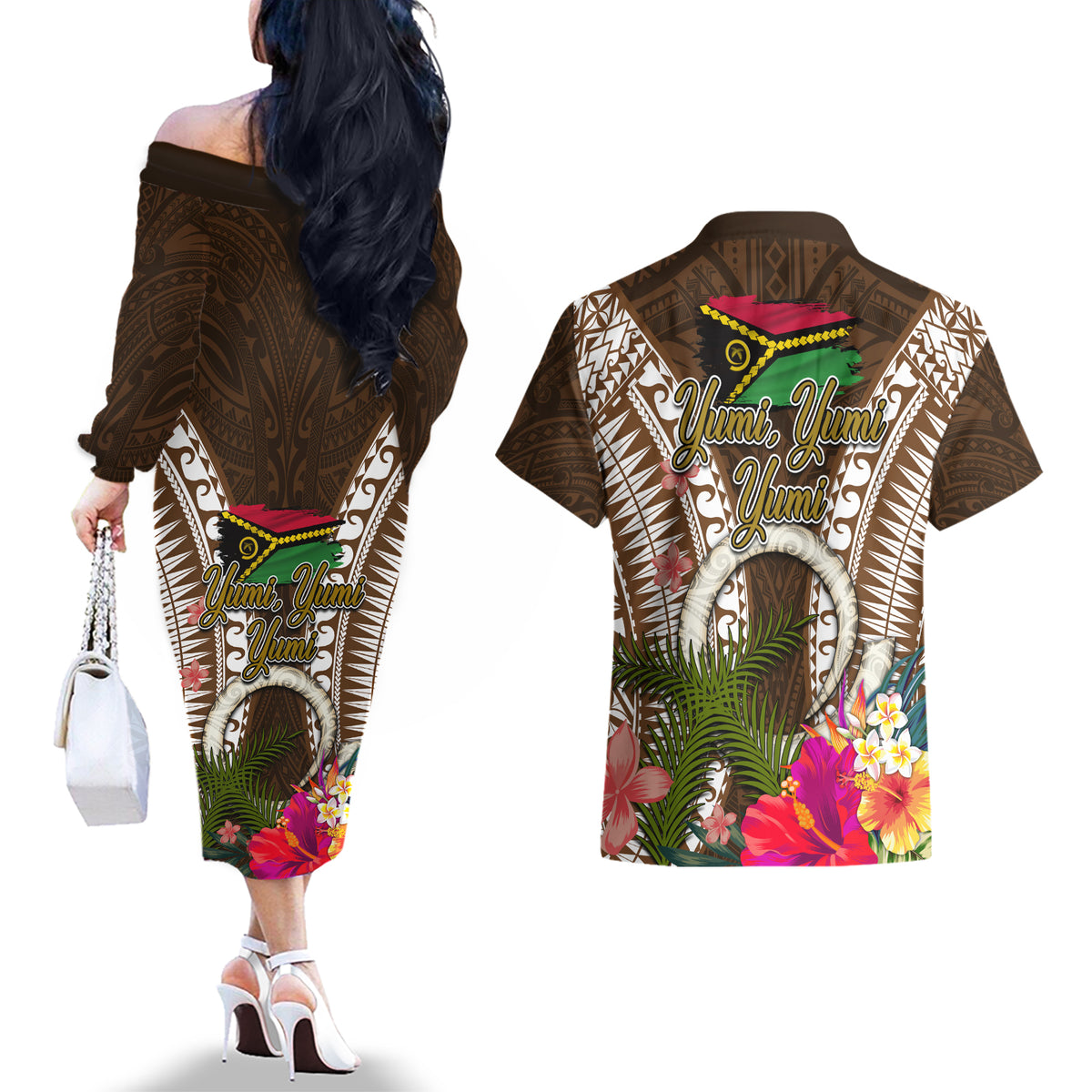 Vanuatu Selebretem 44th Indipendens Dei Couples Matching Off The Shoulder Long Sleeve Dress and Hawaiian Shirt Yumi Pig Tusk and Namele Fern LT03 - Polynesian Pride