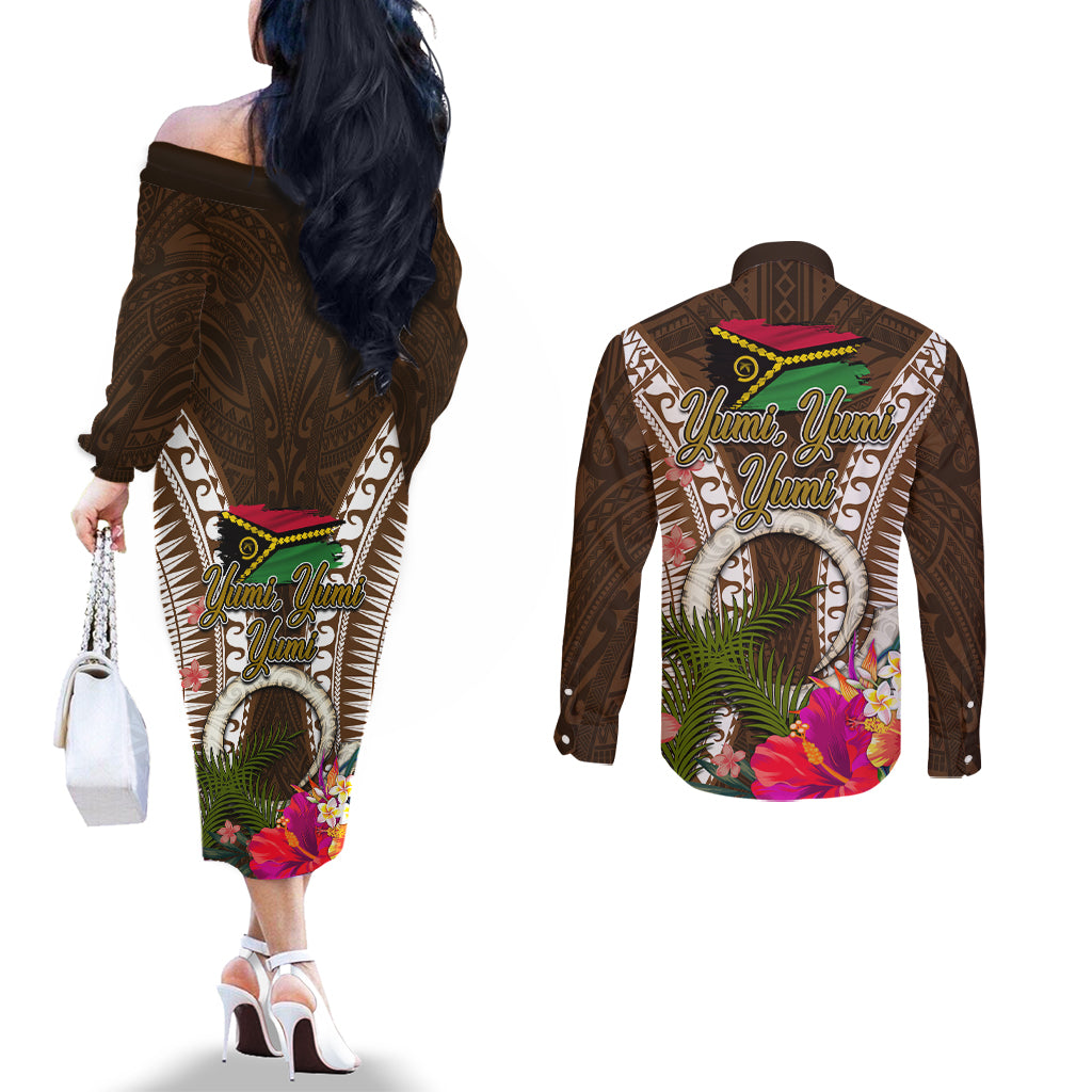 Vanuatu Selebretem 44th Indipendens Dei Couples Matching Off The Shoulder Long Sleeve Dress and Long Sleeve Button Shirt Yumi Pig Tusk and Namele Fern LT03 - Polynesian Pride