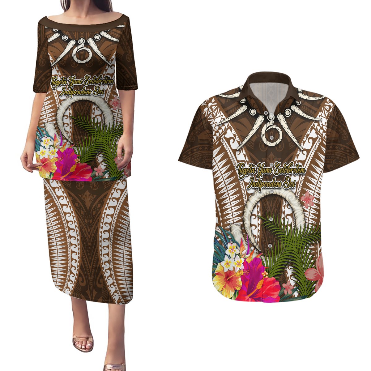 Vanuatu Selebretem 44th Indipendens Dei Couples Matching Puletasi and Hawaiian Shirt Yumi Pig Tusk and Namele Fern LT03 Brown - Polynesian Pride