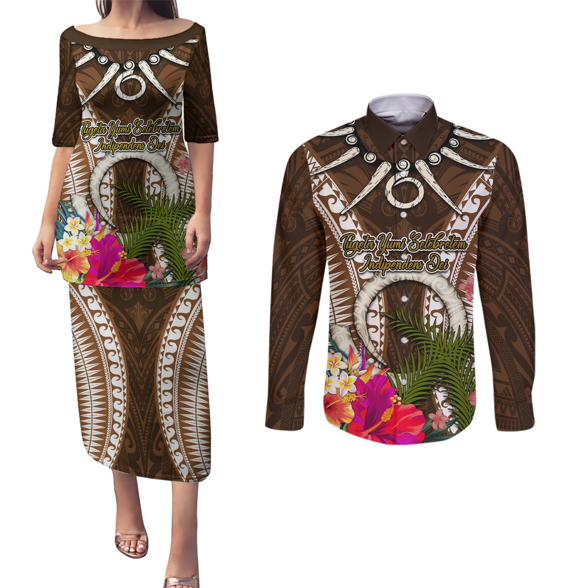 Vanuatu Selebretem 44th Indipendens Dei Couples Matching Puletasi and Long Sleeve Button Shirt Yumi Pig Tusk and Namele Fern LT03 Brown - Polynesian Pride