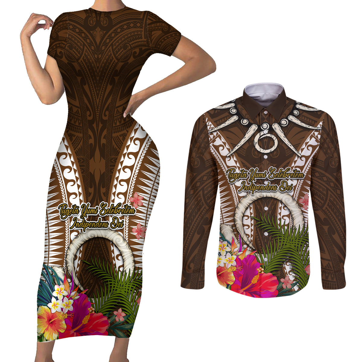Vanuatu Selebretem 44th Indipendens Dei Couples Matching Short Sleeve Bodycon Dress and Long Sleeve Button Shirt Yumi Pig Tusk and Namele Fern LT03 Brown - Polynesian Pride