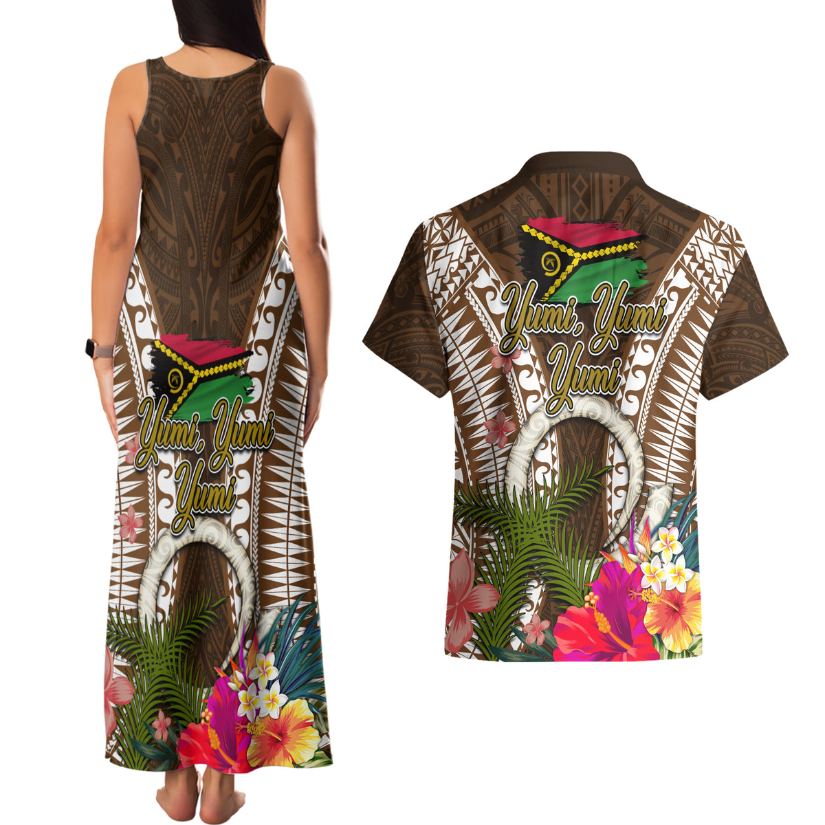 Vanuatu Selebretem 44th Indipendens Dei Couples Matching Tank Maxi Dress and Hawaiian Shirt Yumi Pig Tusk and Namele Fern LT03 - Polynesian Pride