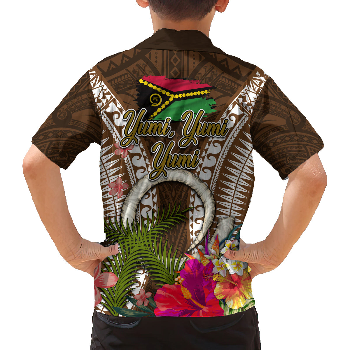 Vanuatu Selebretem 44th Indipendens Dei Family Matching Long Sleeve Bodycon Dress and Hawaiian Shirt Yumi Pig Tusk and Namele Fern LT03 - Polynesian Pride