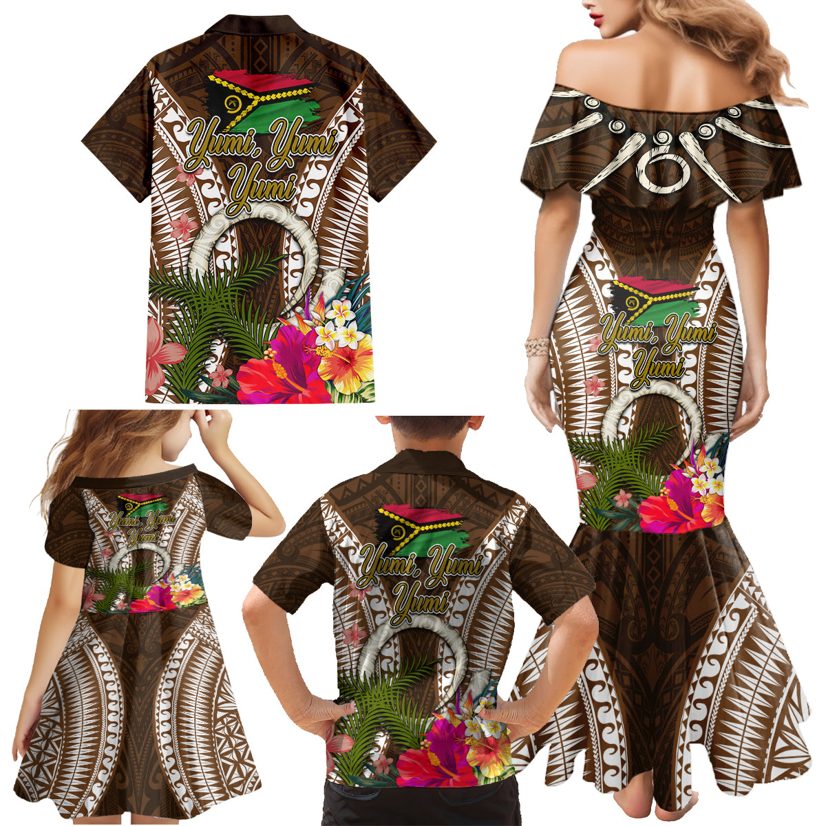 Vanuatu Selebretem 44th Indipendens Dei Family Matching Mermaid Dress and Hawaiian Shirt Yumi Pig Tusk and Namele Fern LT03 - Polynesian Pride