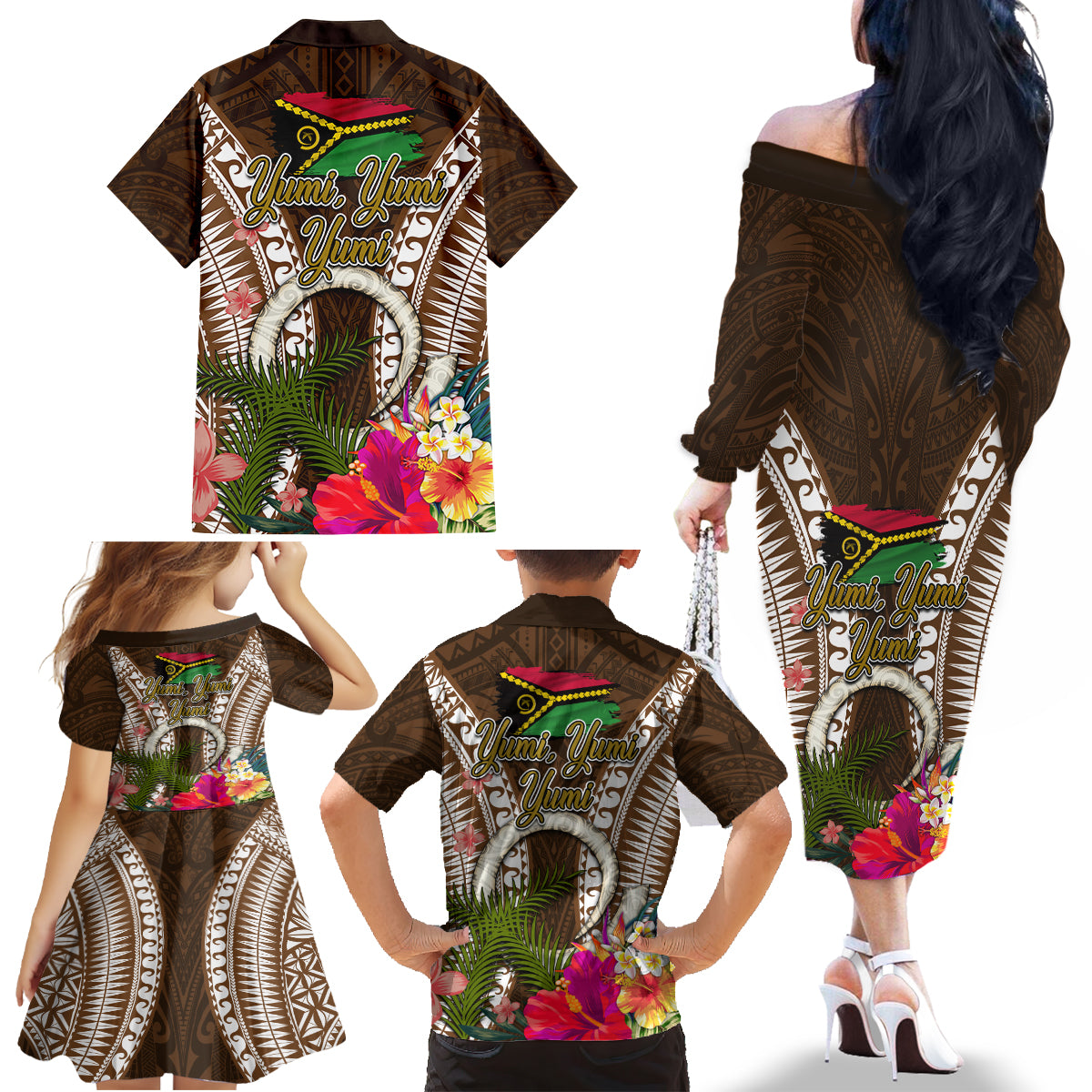 Vanuatu Selebretem 44th Indipendens Dei Family Matching Off The Shoulder Long Sleeve Dress and Hawaiian Shirt Yumi Pig Tusk and Namele Fern LT03 - Polynesian Pride