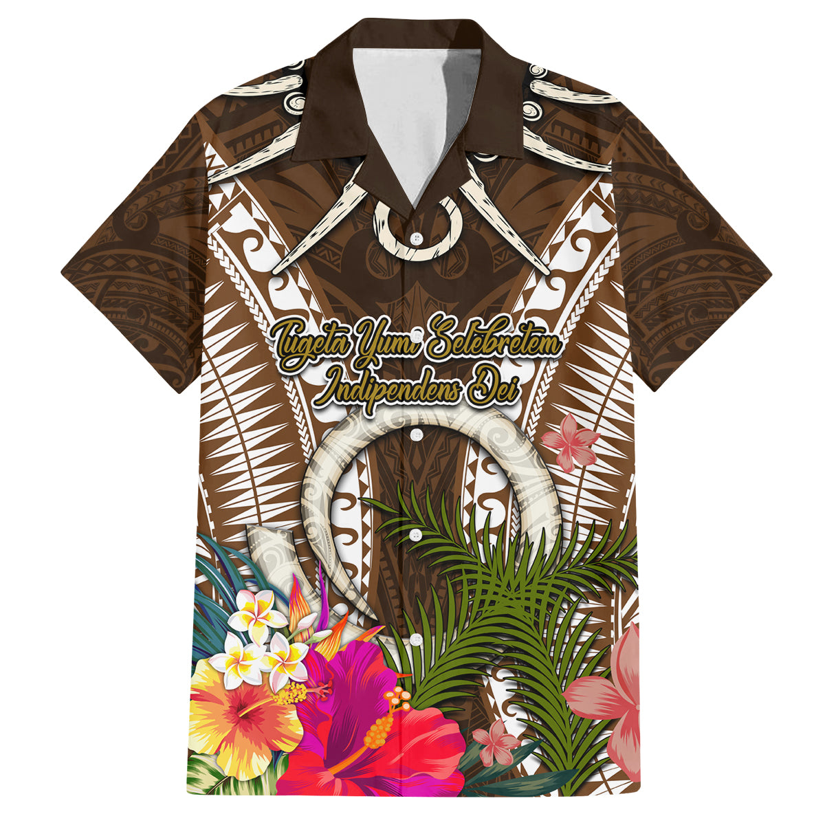 Vanuatu Selebretem 44th Indipendens Dei Family Matching Off Shoulder Maxi Dress and Hawaiian Shirt Yumi Pig Tusk and Namele Fern LT03 Dad's Shirt - Short Sleeve Brown - Polynesian Pride