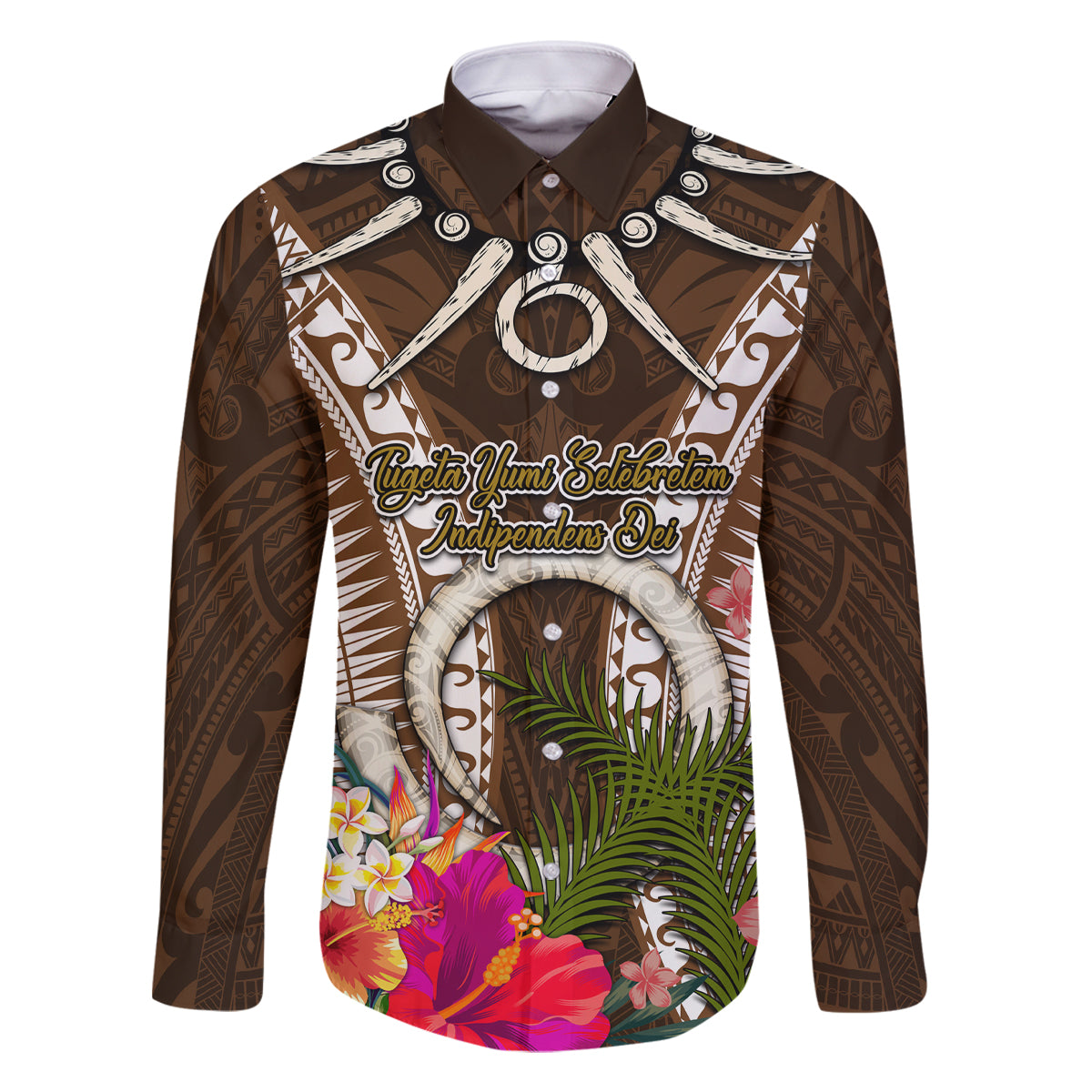 Vanuatu Selebretem 44th Indipendens Dei Family Matching Off Shoulder Maxi Dress and Hawaiian Shirt Yumi Pig Tusk and Namele Fern LT03 Dad's Shirt - Long Sleeve Brown - Polynesian Pride
