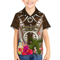 Vanuatu Selebretem 44th Indipendens Dei Family Matching Off Shoulder Maxi Dress and Hawaiian Shirt Yumi Pig Tusk and Namele Fern LT03 Son's Shirt Brown - Polynesian Pride