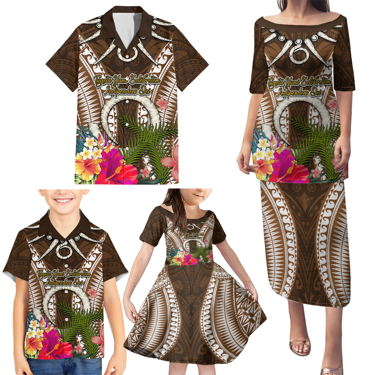 Vanuatu Selebretem 44th Indipendens Dei Family Matching Puletasi and Hawaiian Shirt Yumi Pig Tusk and Namele Fern LT03 - Polynesian Pride