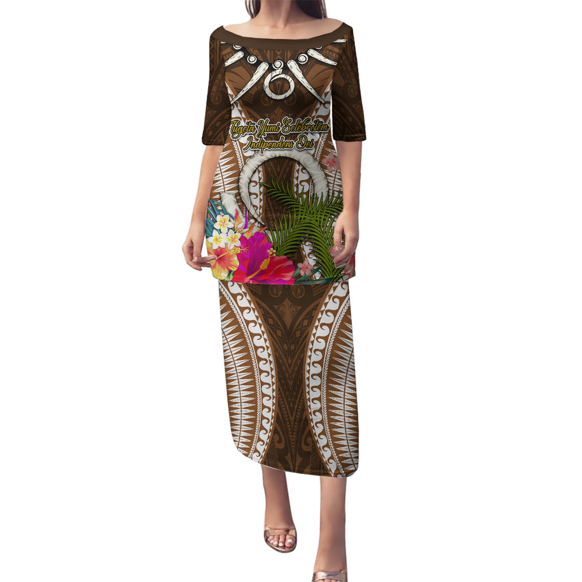 Vanuatu Selebretem 44th Indipendens Dei Family Matching Puletasi and Hawaiian Shirt Yumi Pig Tusk and Namele Fern LT03 Mom's Dress Brown - Polynesian Pride