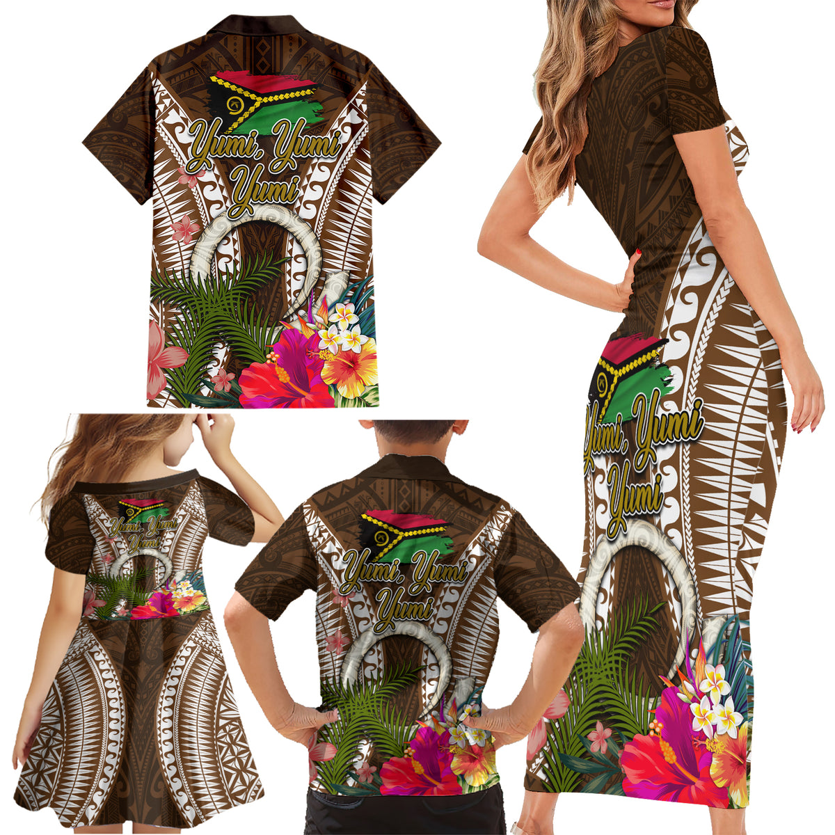 Vanuatu Selebretem 44th Indipendens Dei Family Matching Short Sleeve Bodycon Dress and Hawaiian Shirt Yumi Pig Tusk and Namele Fern LT03 - Polynesian Pride