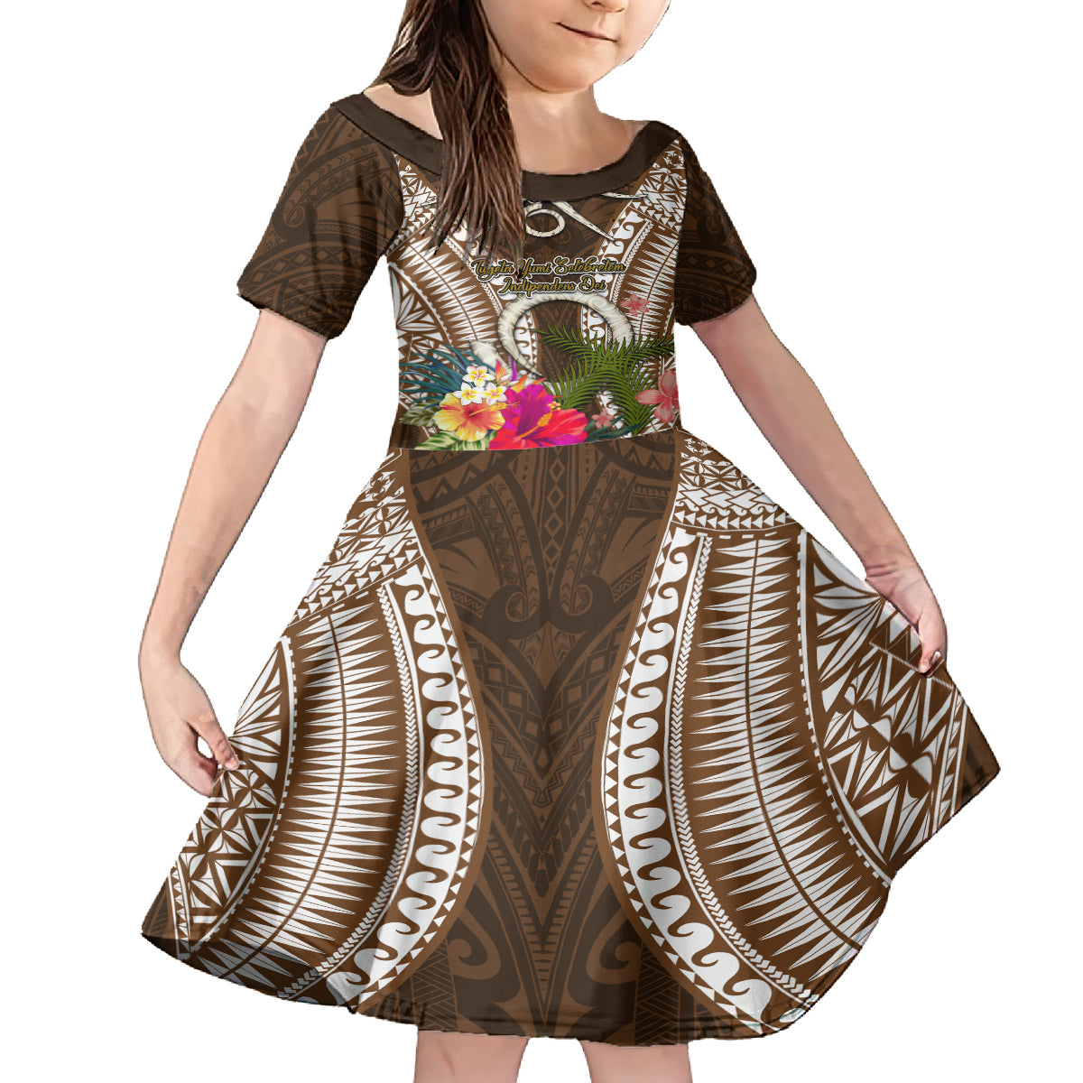 Vanuatu Selebretem 44th Indipendens Dei Family Matching Summer Maxi Dress and Hawaiian Shirt Yumi Pig Tusk and Namele Fern LT03 Daughter's Dress Brown - Polynesian Pride