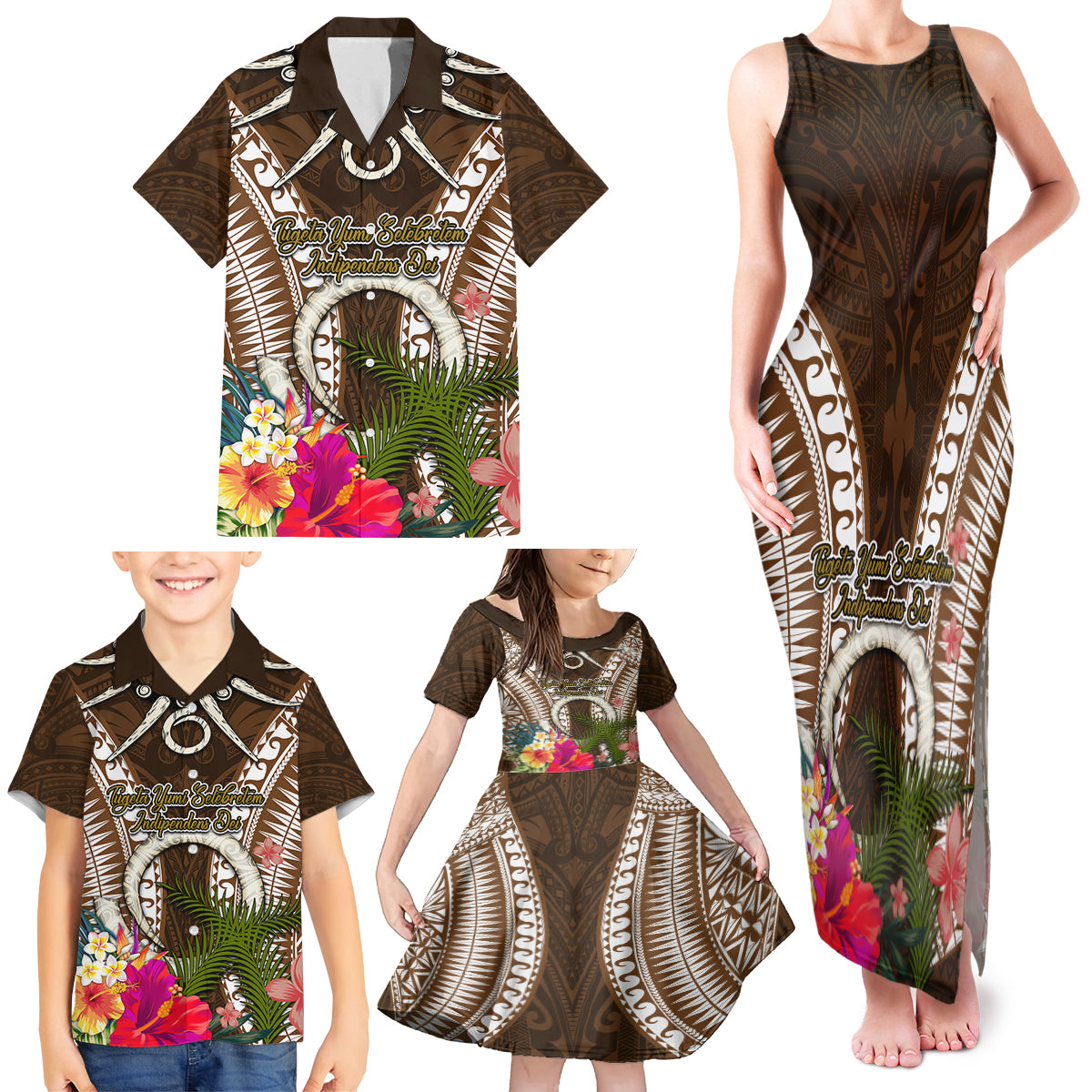 Vanuatu Selebretem 44th Indipendens Dei Family Matching Tank Maxi Dress and Hawaiian Shirt Yumi Pig Tusk and Namele Fern