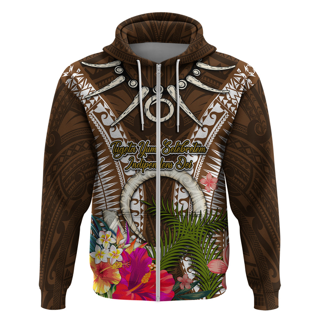 Vanuatu Selebretem 44th Indipendens Dei Hoodie Yumi Pig Tusk and Namele Fern LT03 Zip Hoodie Brown - Polynesian Pride