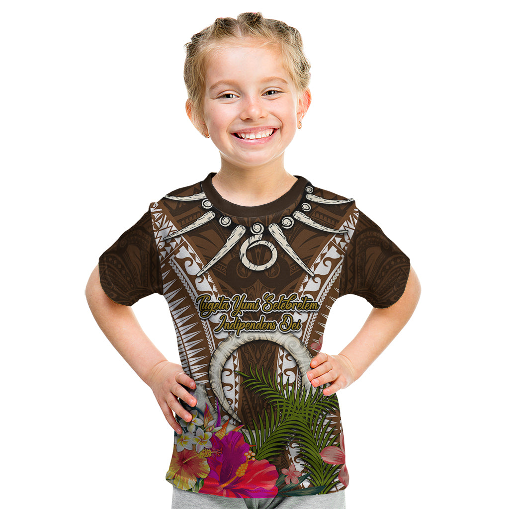 Vanuatu Selebretem 44th Indipendens Dei Kid T Shirt Yumi Pig Tusk and Namele Fern LT03 Brown - Polynesian Pride