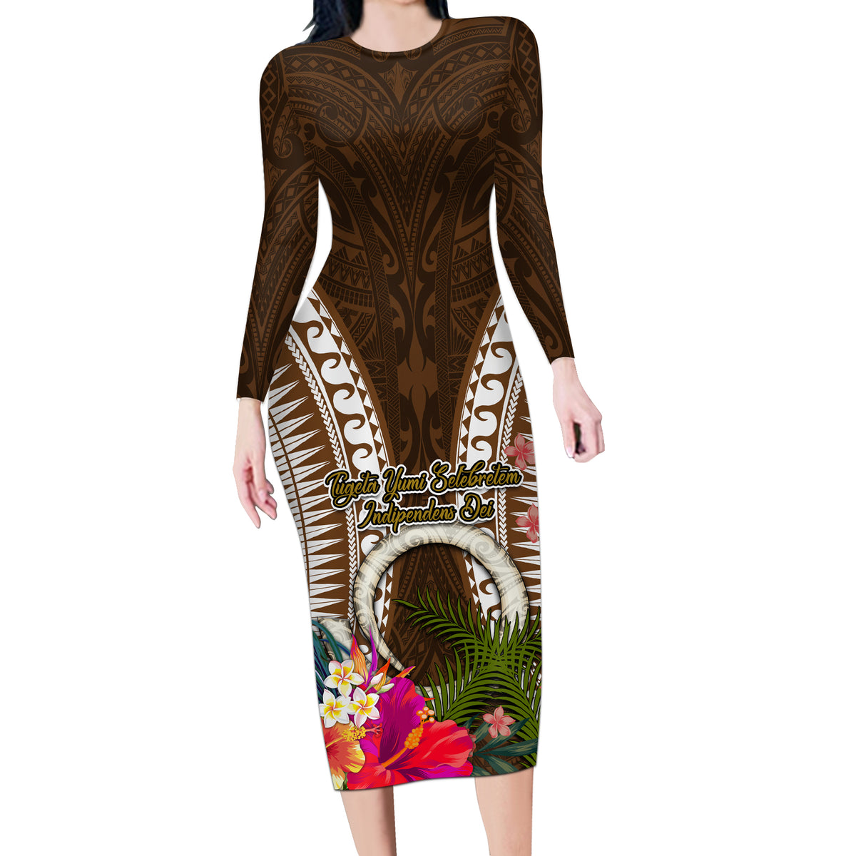 Vanuatu Selebretem 44th Indipendens Dei Long Sleeve Bodycon Dress Yumi Pig Tusk and Namele Fern LT03 Long Dress Brown - Polynesian Pride