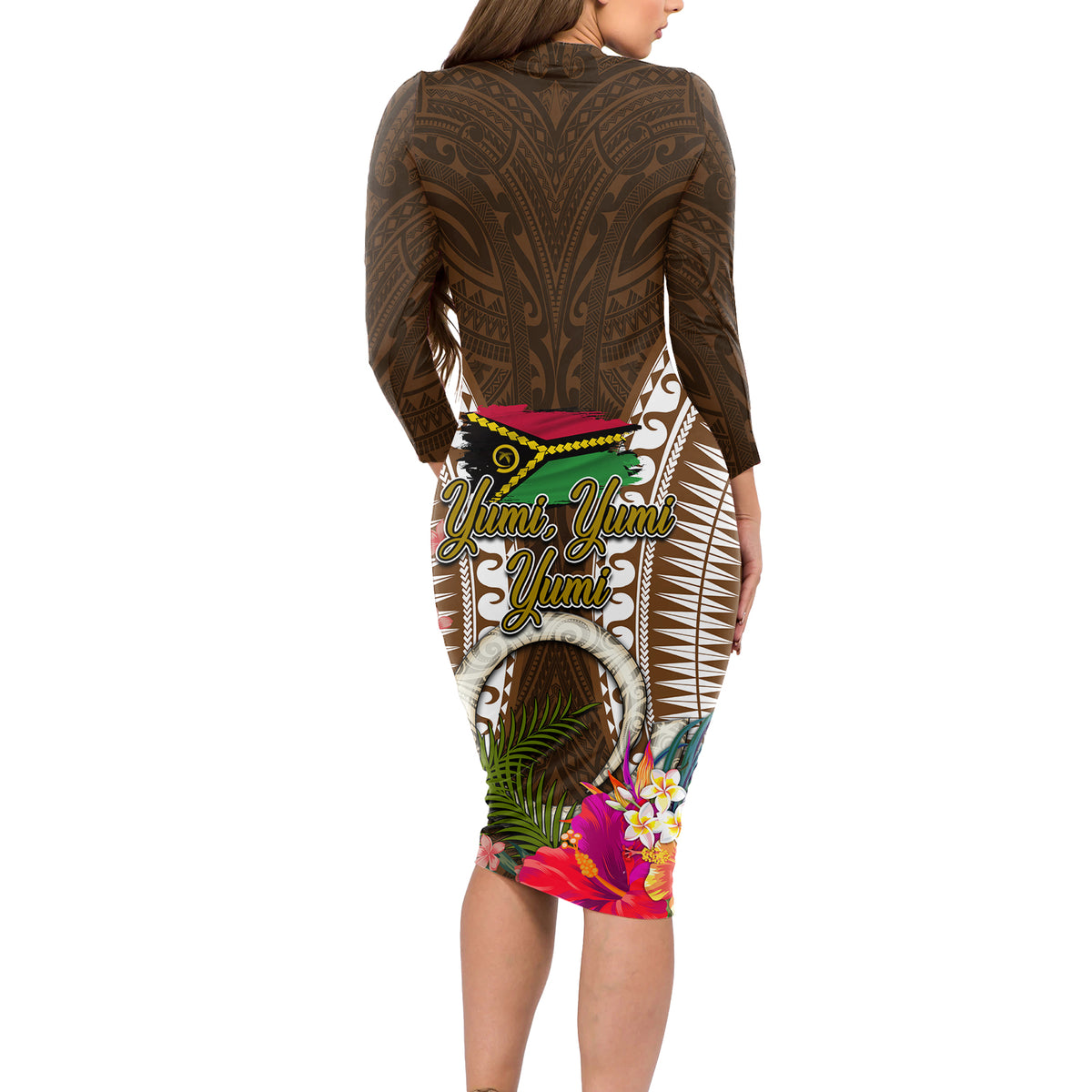 Vanuatu Selebretem 44th Indipendens Dei Long Sleeve Bodycon Dress Yumi Pig Tusk and Namele Fern LT03 - Polynesian Pride