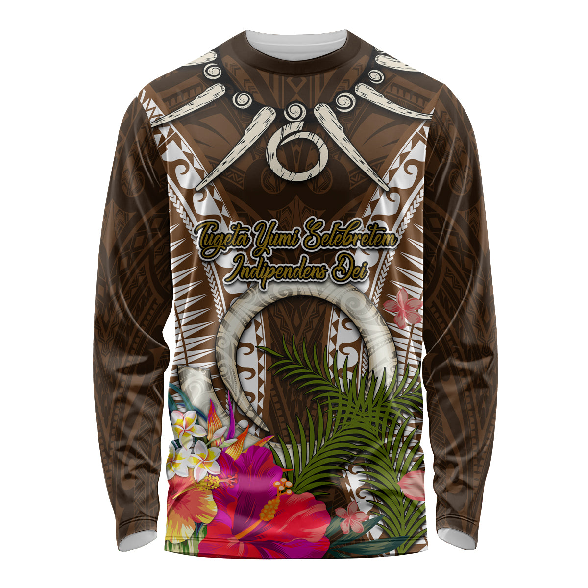 Vanuatu Selebretem 44th Indipendens Dei Long Sleeve Shirt Yumi Pig Tusk and Namele Fern LT03 Unisex Brown - Polynesian Pride
