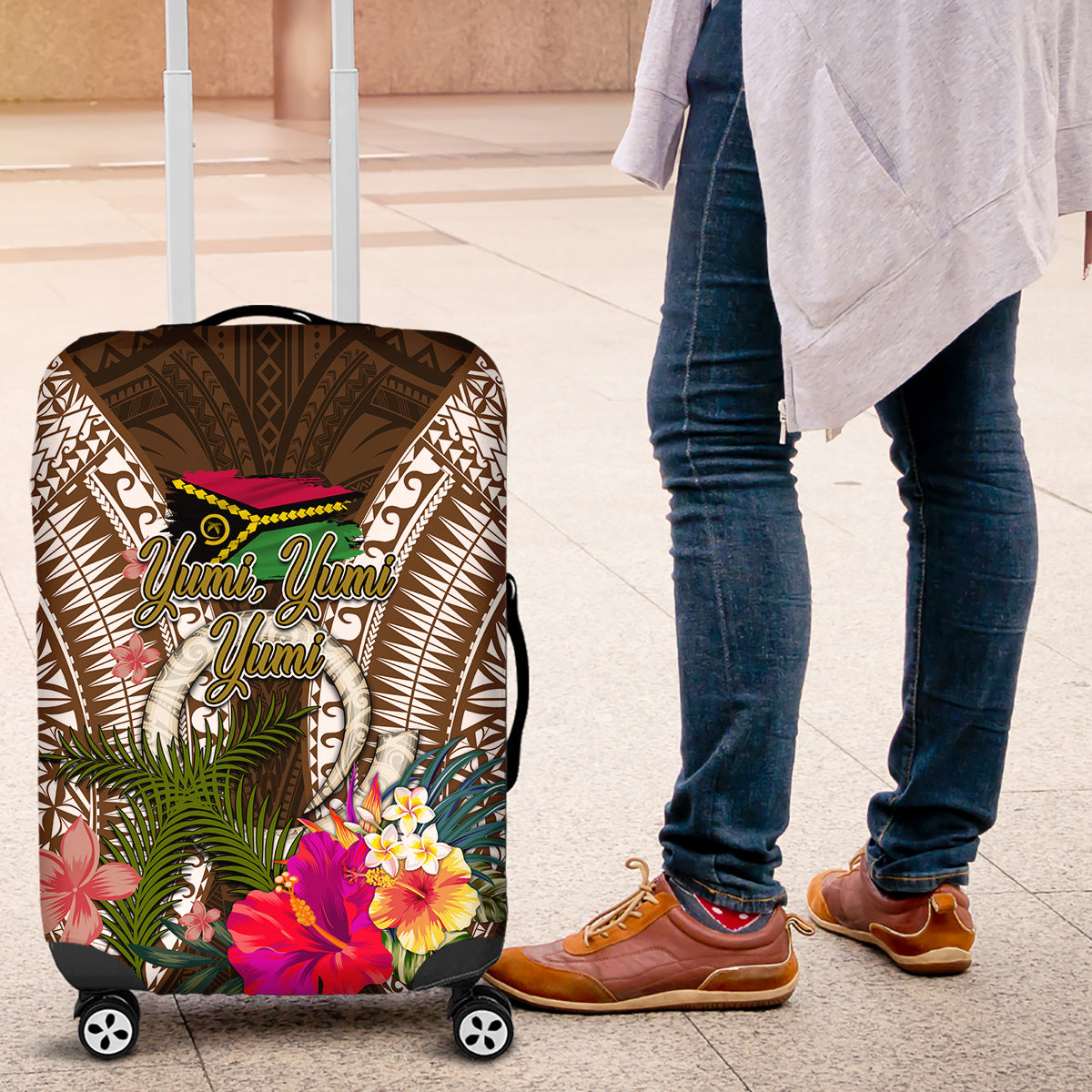Vanuatu Selebretem 44th Indipendens Dei Luggage Cover Yumi Pig Tusk and Namele Fern LT03 Brown - Polynesian Pride