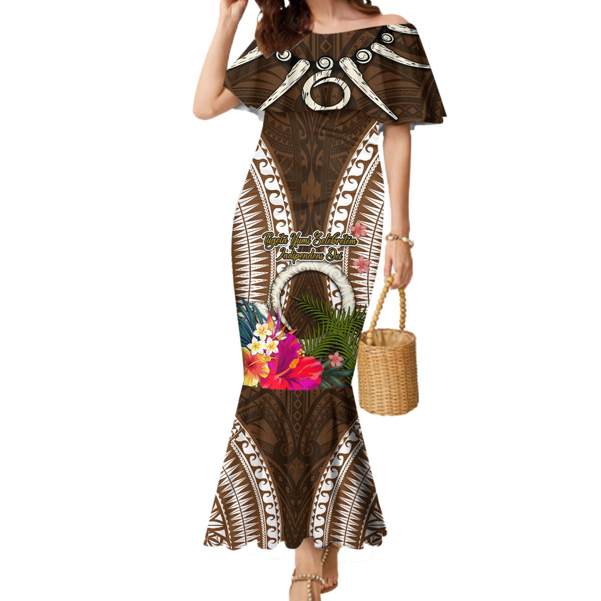 Vanuatu Selebretem 44th Indipendens Dei Mermaid Dress Yumi Pig Tusk and Namele Fern LT03 Women Brown - Polynesian Pride