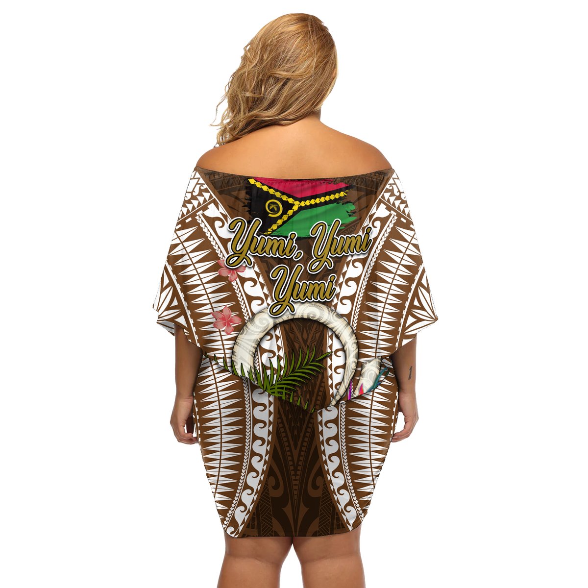 Vanuatu Selebretem 44th Indipendens Dei Off Shoulder Short Dress Yumi Pig Tusk and Namele Fern LT03 - Polynesian Pride