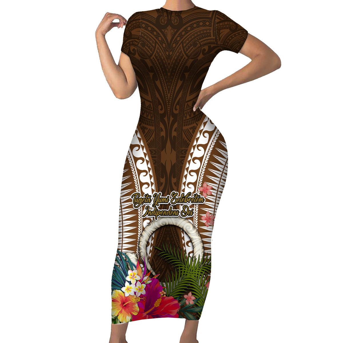 Vanuatu Selebretem 44th Indipendens Dei Short Sleeve Bodycon Dress Yumi Pig Tusk and Namele Fern LT03 Long Dress Brown - Polynesian Pride