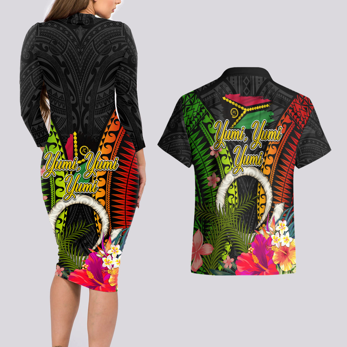 Vanuatu Independence Day Couples Matching Long Sleeve Bodycon Dress and Hawaiian Shirt Tugeta Yumi Selebretem Indipendens Dei LT03 - Polynesian Pride