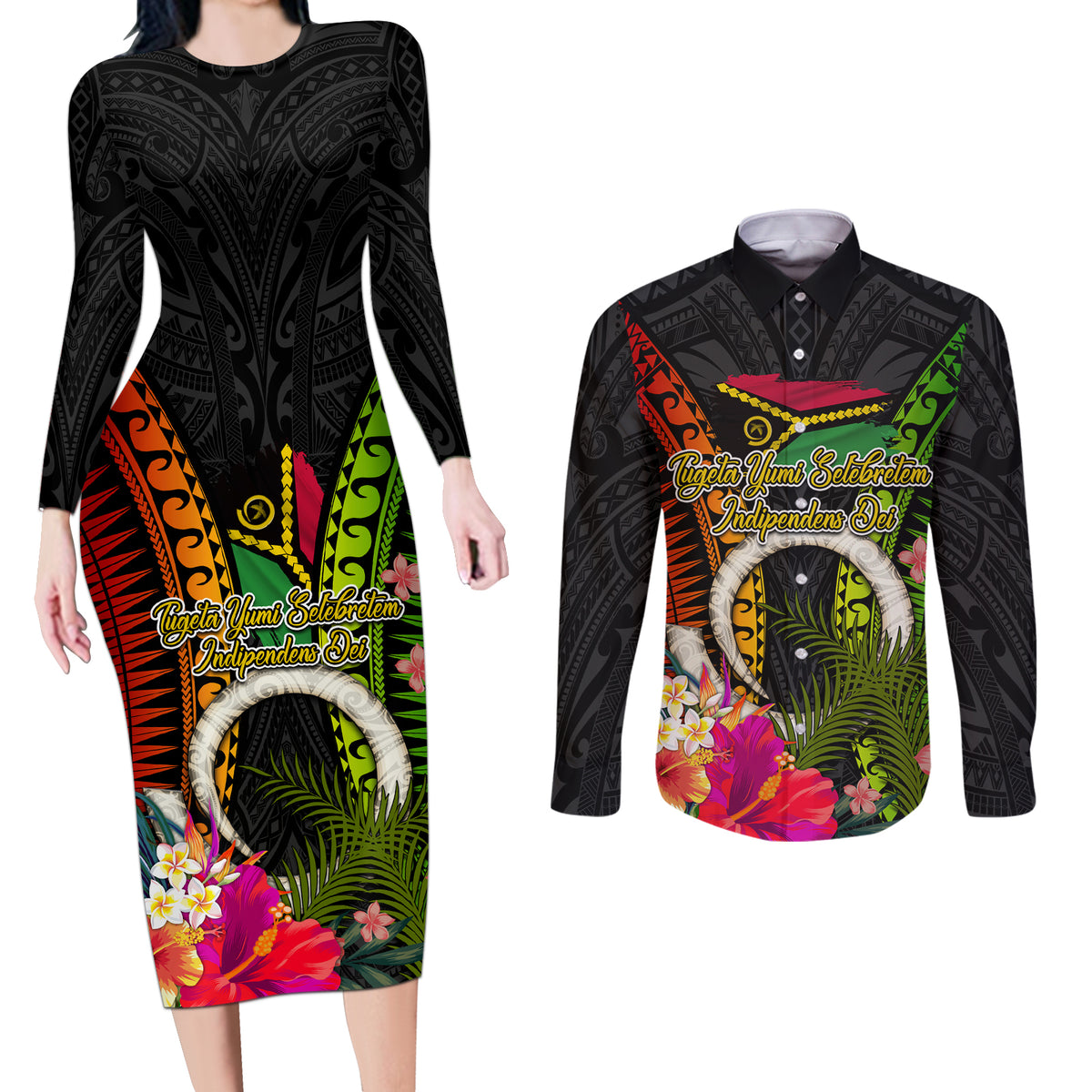 Vanuatu Independence Day Couples Matching Long Sleeve Bodycon Dress and Long Sleeve Button Shirt Tugeta Yumi Selebretem Indipendens Dei LT03 Black - Polynesian Pride