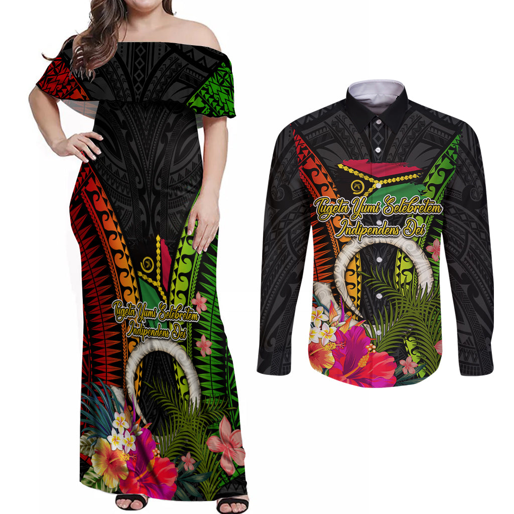 Vanuatu Independence Day Couples Matching Off Shoulder Maxi Dress and Long Sleeve Button Shirt Tugeta Yumi Selebretem Indipendens Dei LT03 Black - Polynesian Pride