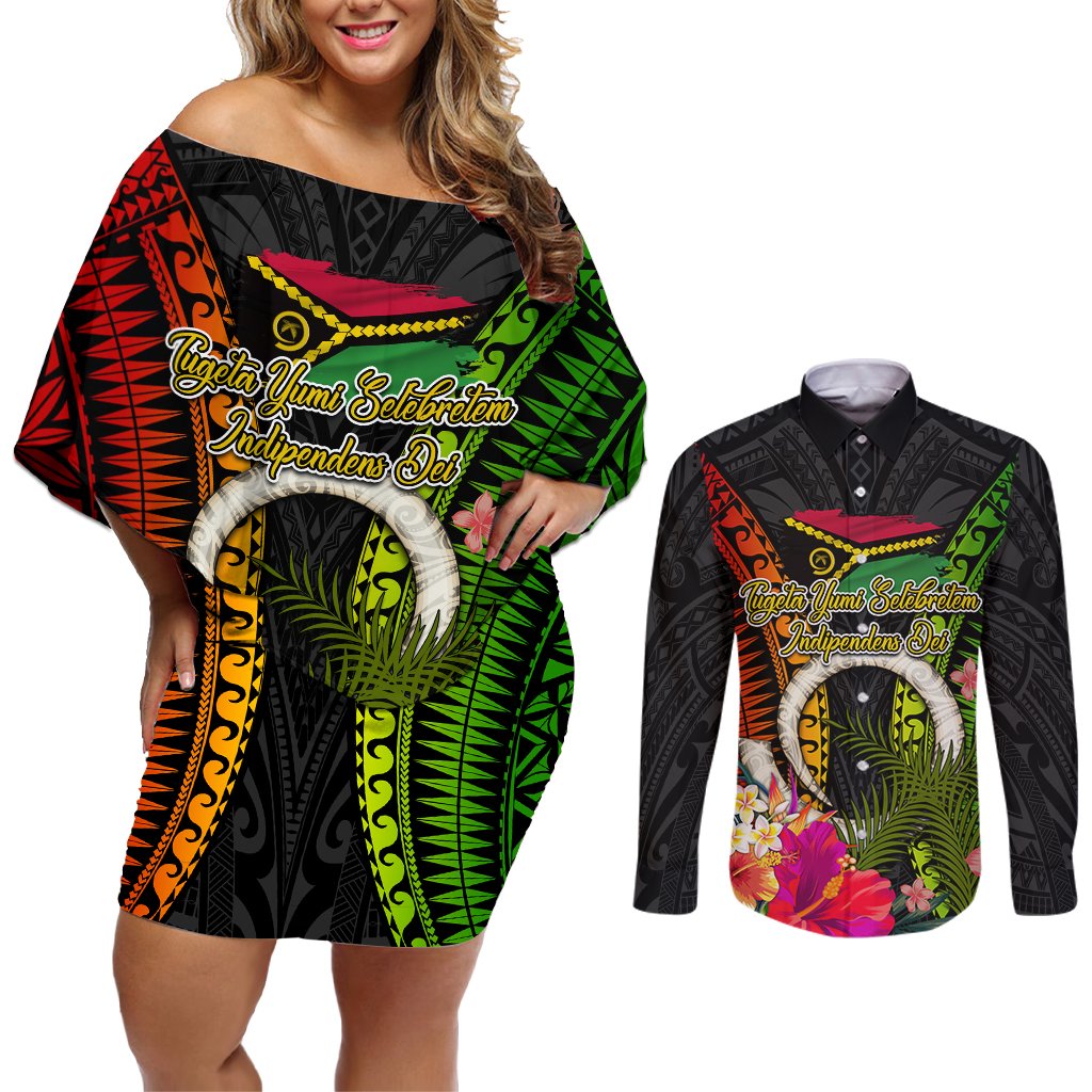 Vanuatu Independence Day Couples Matching Off Shoulder Short Dress and Long Sleeve Button Shirt Tugeta Yumi Selebretem Indipendens Dei LT03 Black - Polynesian Pride