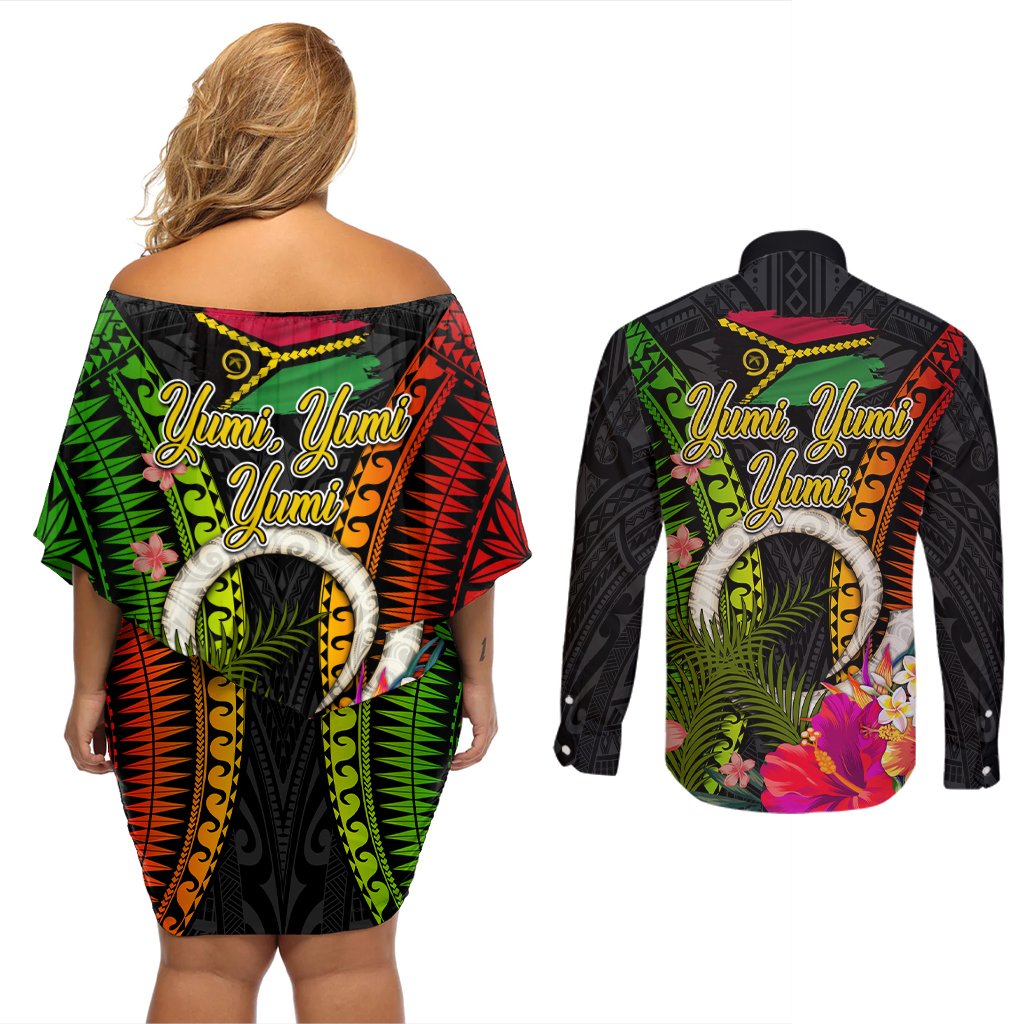 Vanuatu Independence Day Couples Matching Off Shoulder Short Dress and Long Sleeve Button Shirt Tugeta Yumi Selebretem Indipendens Dei LT03 - Polynesian Pride