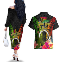 Vanuatu Independence Day Couples Matching Off The Shoulder Long Sleeve Dress and Hawaiian Shirt Tugeta Yumi Selebretem Indipendens Dei LT03 - Polynesian Pride