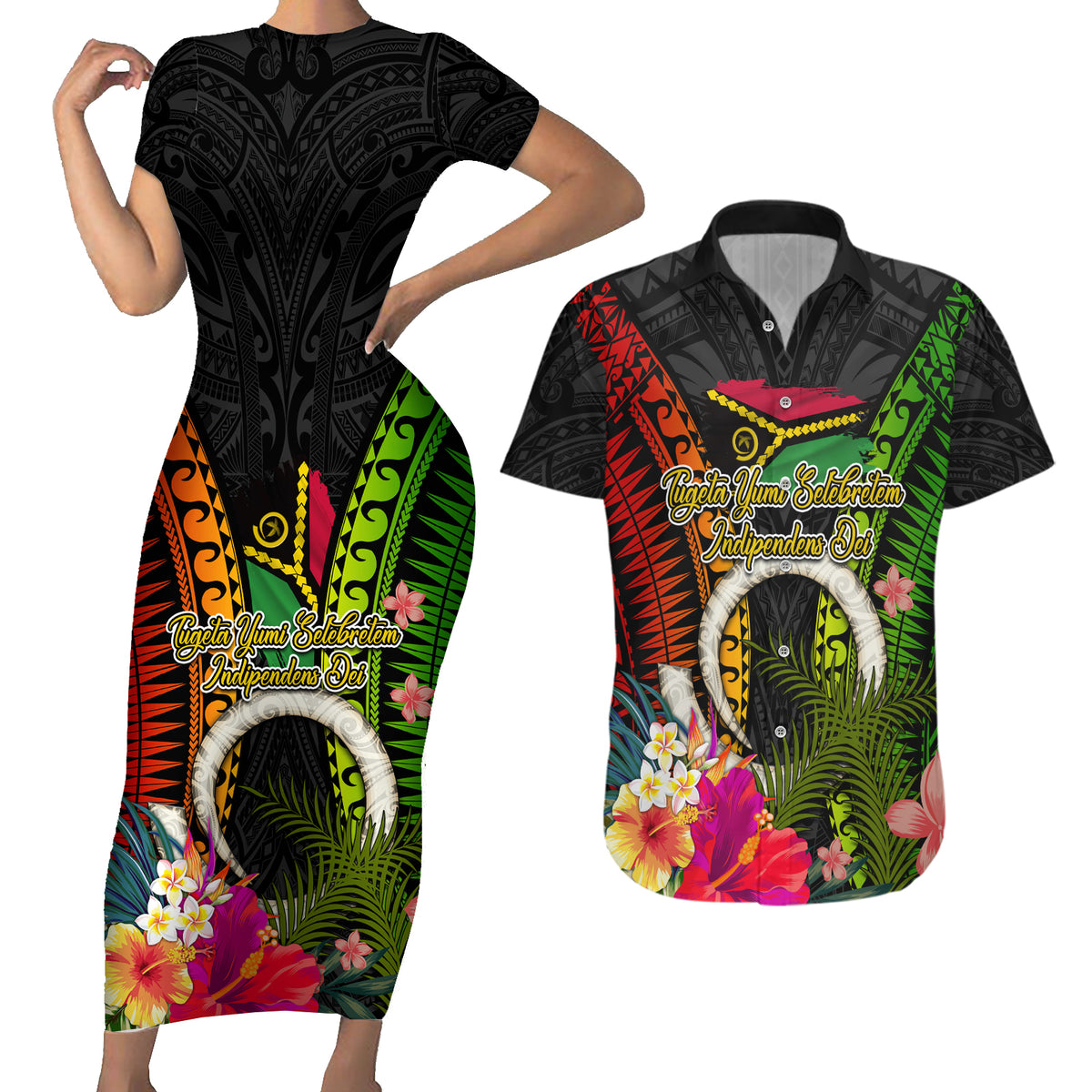 Vanuatu Independence Day Couples Matching Short Sleeve Bodycon Dress and Hawaiian Shirt Tugeta Yumi Selebretem Indipendens Dei LT03 Black - Polynesian Pride