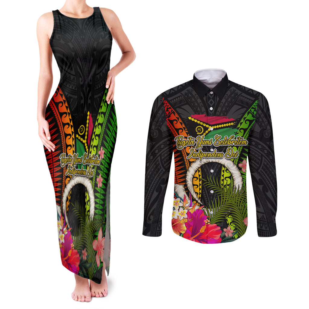 Vanuatu Independence Day Couples Matching Tank Maxi Dress and Long Sleeve Button Shirt Tugeta Yumi Selebretem Indipendens Dei LT03 Black - Polynesian Pride