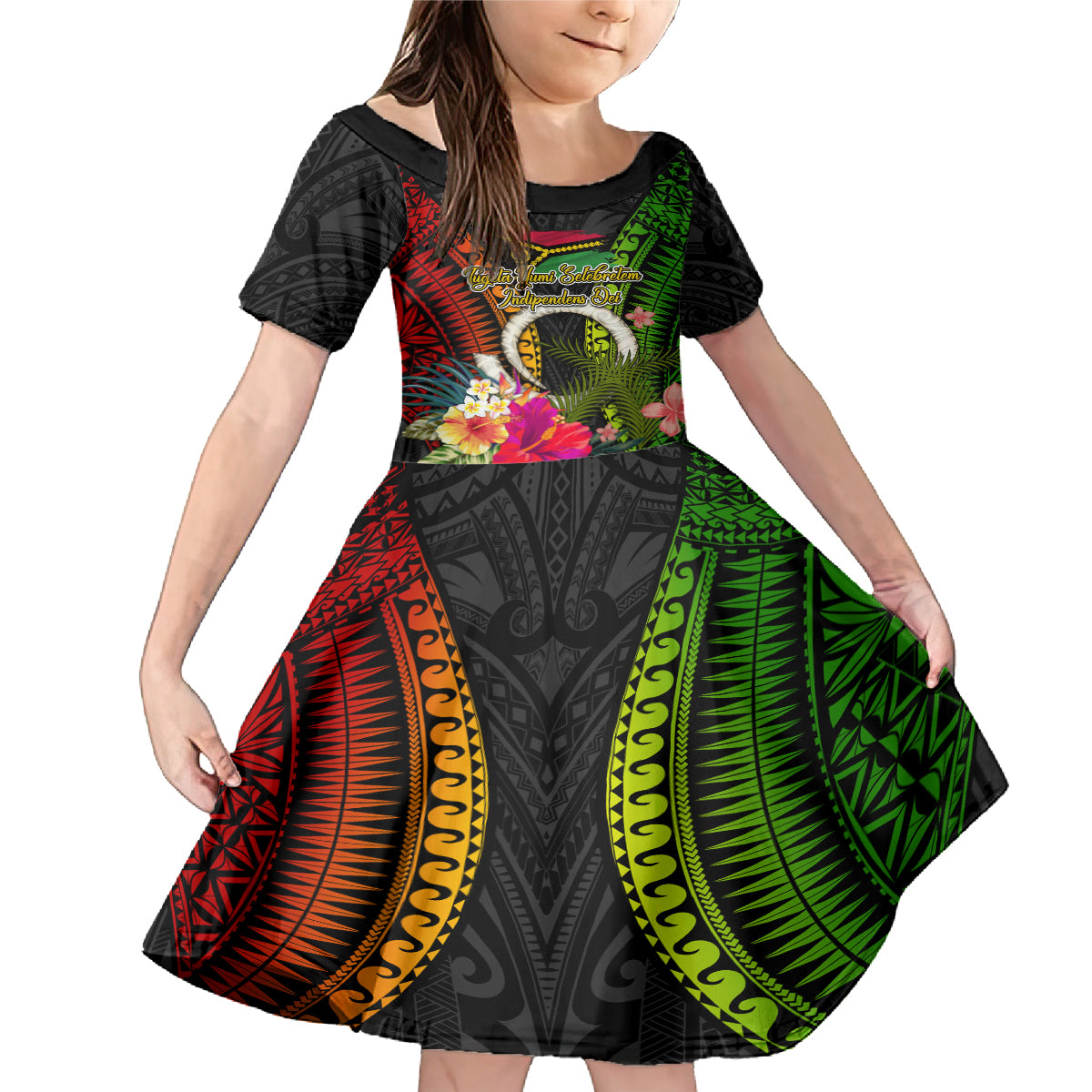 Vanuatu Independence Day Family Matching Mermaid Dress and Hawaiian Shirt Tugeta Yumi Selebretem Indipendens Dei LT03 Daughter's Dress Black - Polynesian Pride