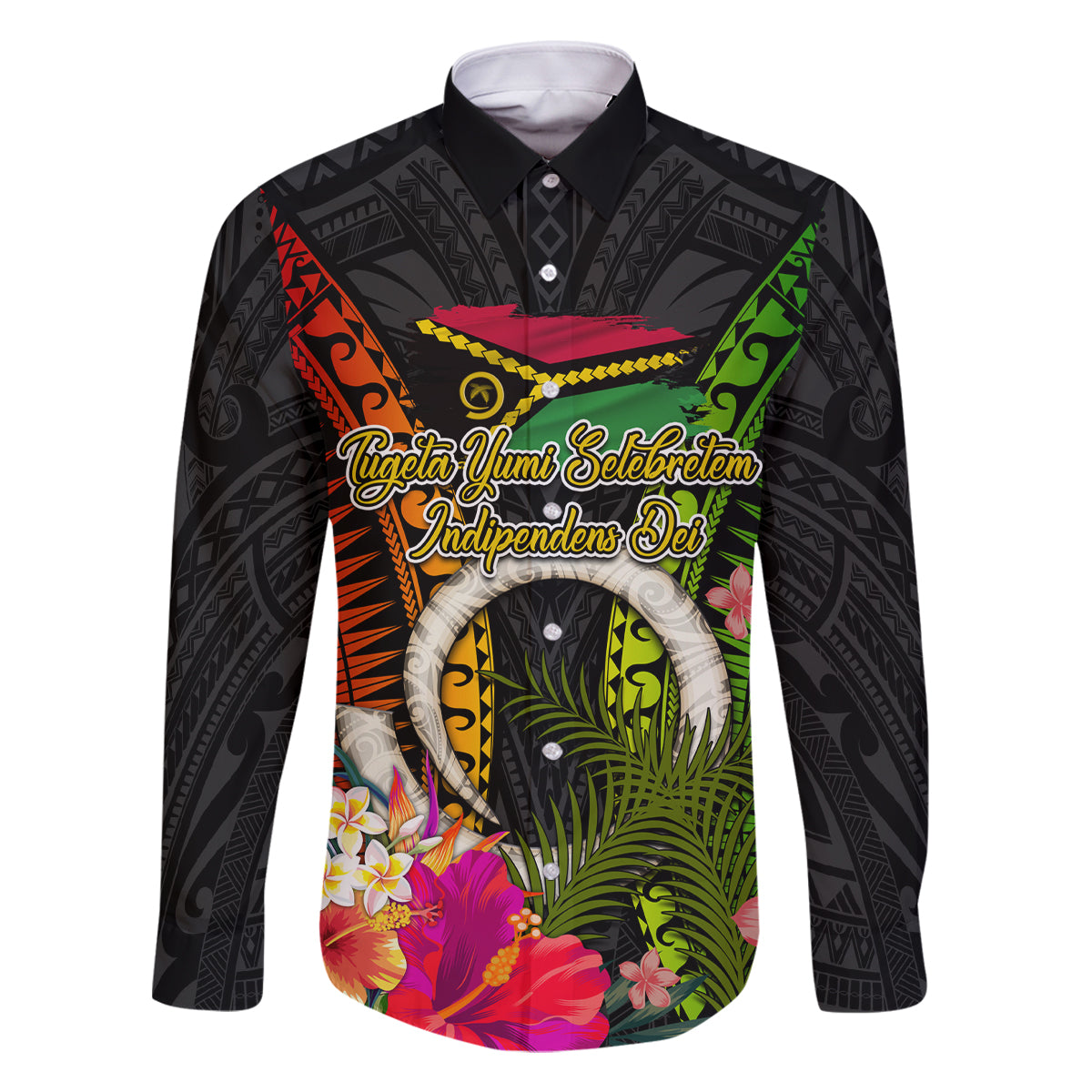 Vanuatu Independence Day Family Matching Mermaid Dress and Hawaiian Shirt Tugeta Yumi Selebretem Indipendens Dei LT03 Dad's Shirt - Long Sleeve Black - Polynesian Pride