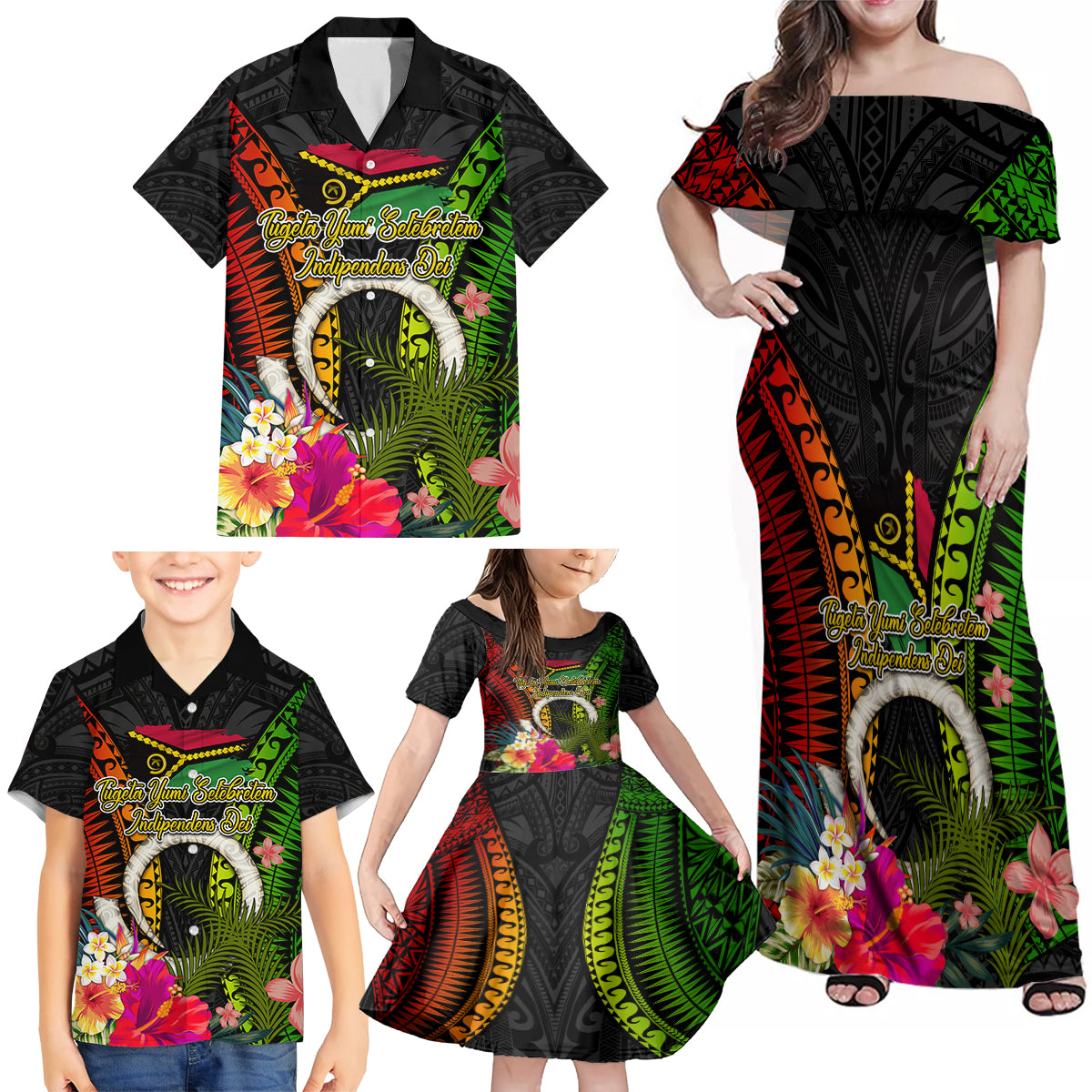 Vanuatu Independence Day Family Matching Off Shoulder Maxi Dress and Hawaiian Shirt Tugeta Yumi Selebretem Indipendens Dei LT03 - Polynesian Pride