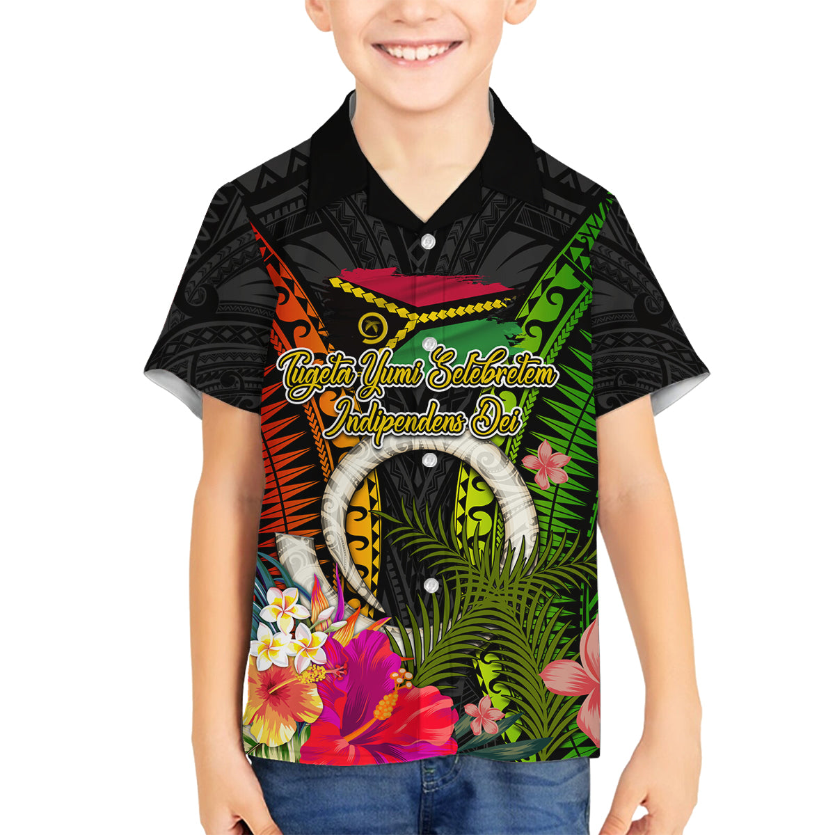 Vanuatu Independence Day Family Matching Off Shoulder Short Dress and Hawaiian Shirt Tugeta Yumi Selebretem Indipendens Dei LT03 Son's Shirt Black - Polynesian Pride