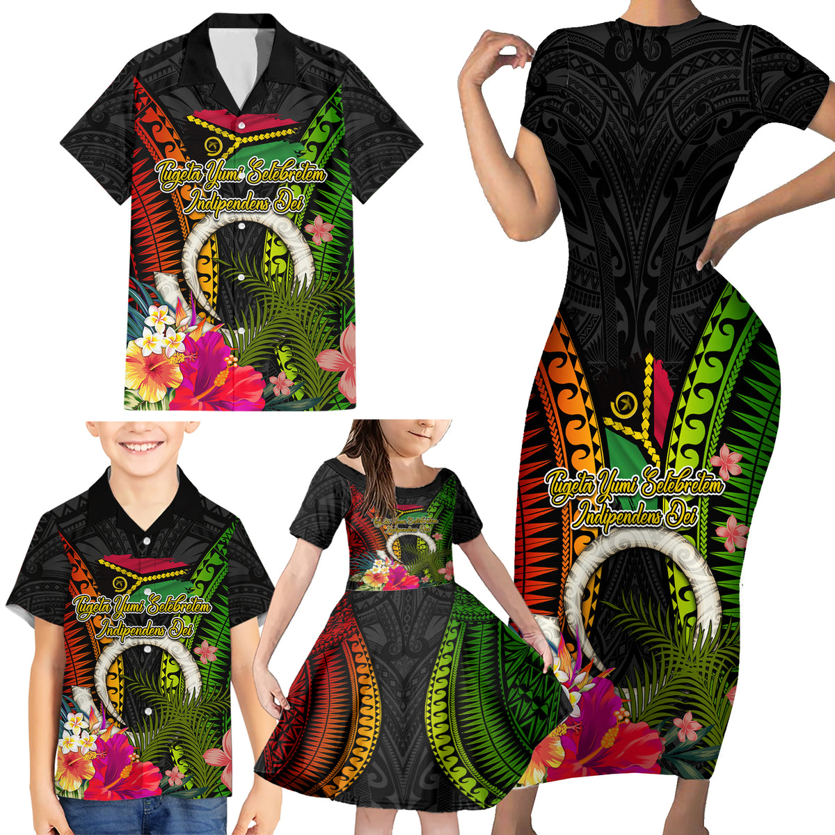 Vanuatu Independence Day Family Matching Short Sleeve Bodycon Dress and Hawaiian Shirt Tugeta Yumi Selebretem Indipendens Dei LT03 - Polynesian Pride