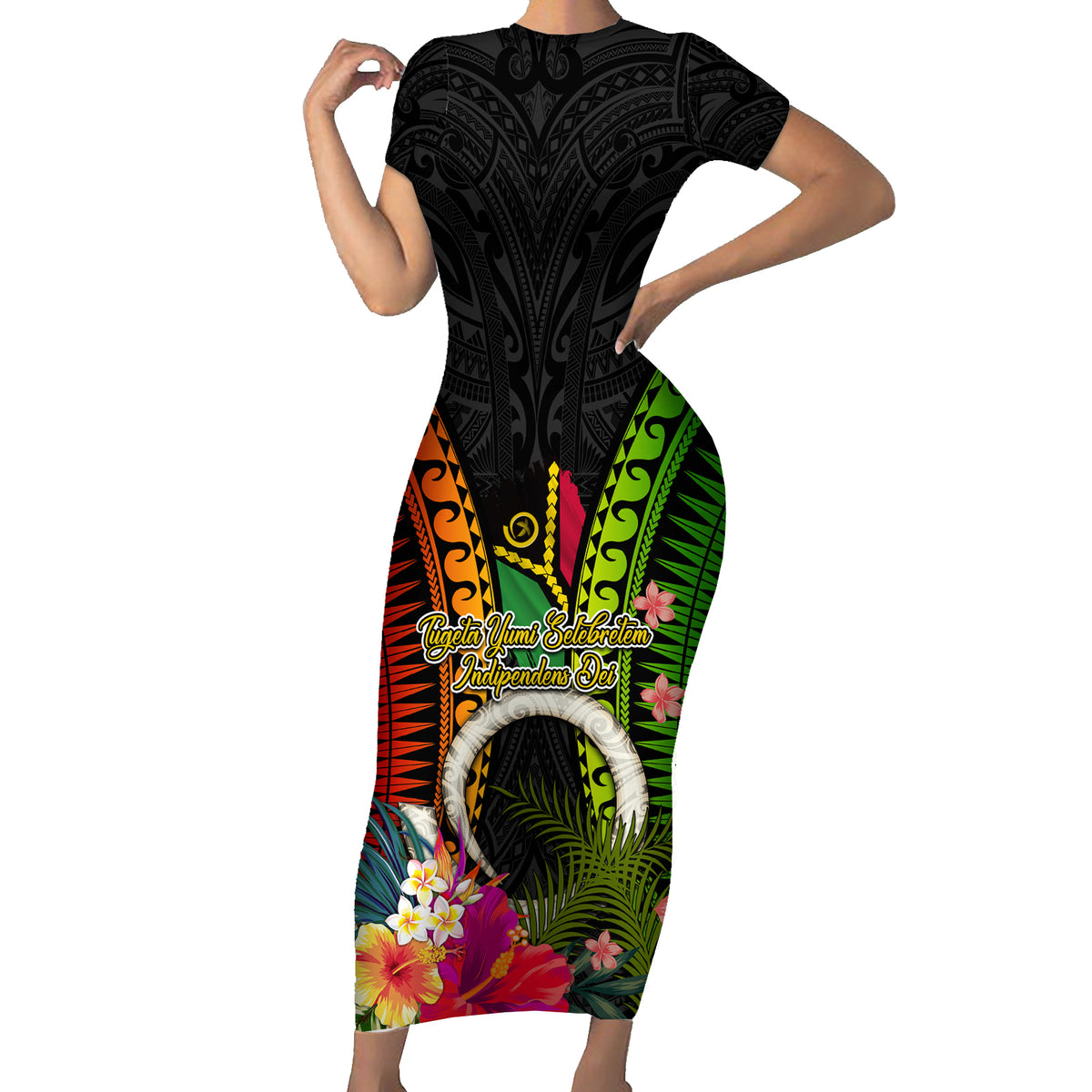 Vanuatu Independence Day Family Matching Short Sleeve Bodycon Dress and Hawaiian Shirt Tugeta Yumi Selebretem Indipendens Dei LT03 Mom's Dress Black - Polynesian Pride