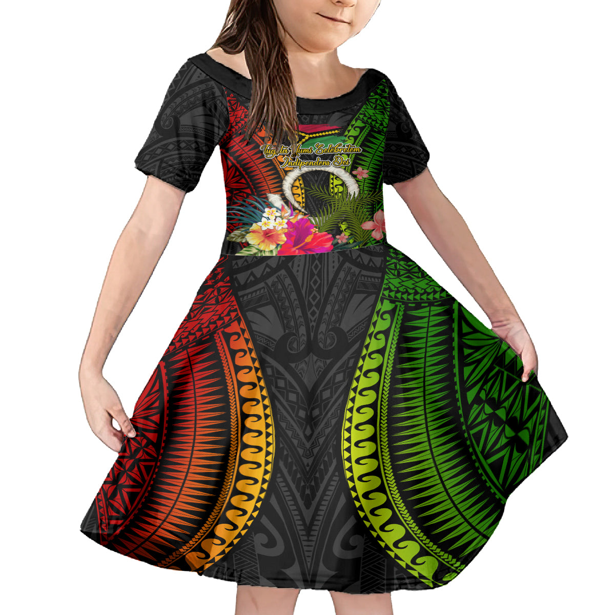 Vanuatu Independence Day Family Matching Tank Maxi Dress and Hawaiian Shirt Tugeta Yumi Selebretem Indipendens Dei LT03 Daughter's Dress Black - Polynesian Pride