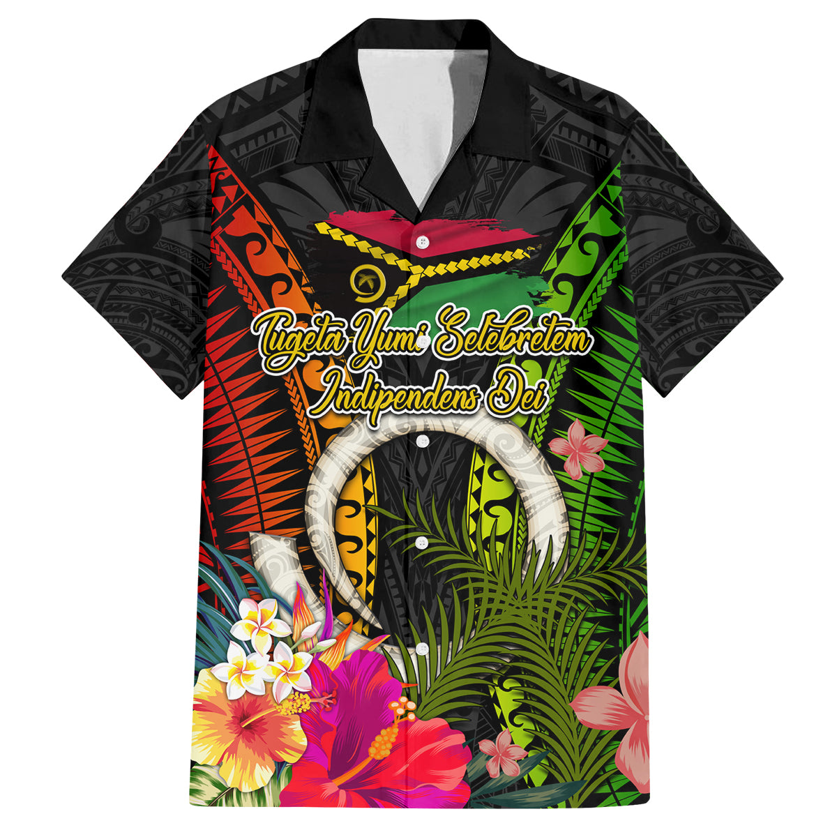 Vanuatu Independence Day Family Matching Tank Maxi Dress and Hawaiian Shirt Tugeta Yumi Selebretem Indipendens Dei LT03 Dad's Shirt - Short Sleeve Black - Polynesian Pride