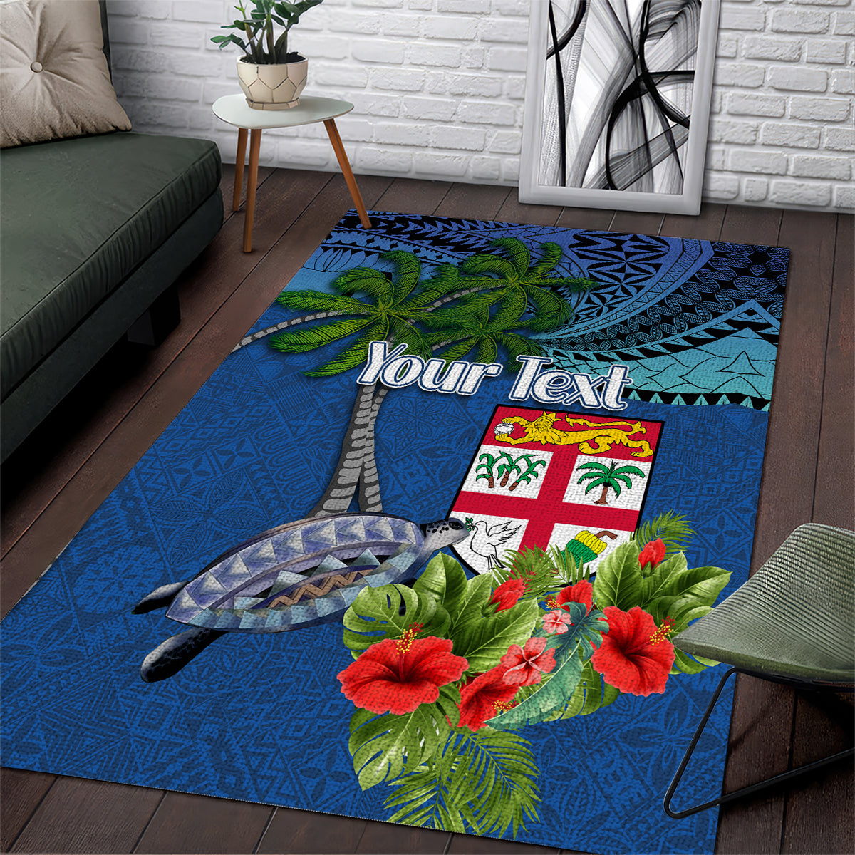 Personalised Fiji Independence Day Area Rug Fijian Coat of Arms Palm and Hibiscus Tapa Pattern LT03 Blue - Polynesian Pride